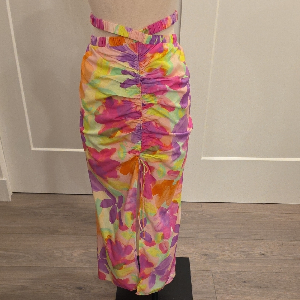 For Love And Lemons Pink,Orange,purple print midi ruched Skirt size L  NWTS - Picture 3 of 10